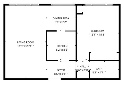 Floor plan for 1 bed, 1 bath, 675 sqft